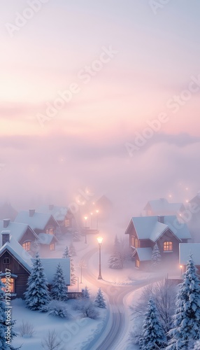 Enchanting winter scene of a peaceful village blanketed in snow, illuminated by warm light and soft pastel sky.