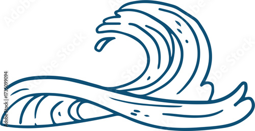 Blue Hand Drawn Ocean Wave Line Art Illustration