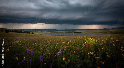 Dramatic Storm Clouds Over a Vibrant Wildflower Field and Distant Lake.