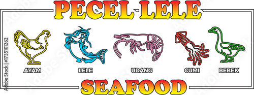 Indonesian Food & Seafood Menu Board with Cartoon Icons: Chicken, Catfish, Shrimp, Squid, Duck