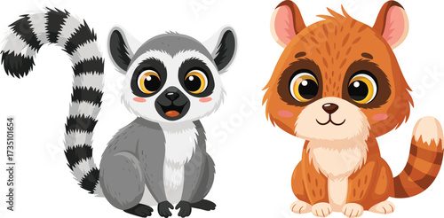 Cute cartoon lemur with striped tail and adorable red panda sitting, funny exotic wild animal character illustration, vector art design