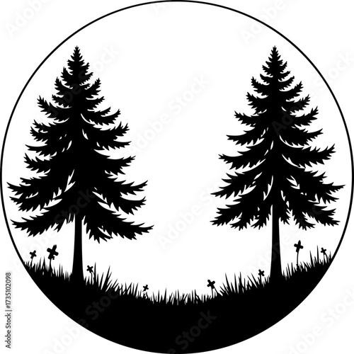 circle logo silhouette of pine tree , tree, winter, snow, fir, vector, forest, illustration, pine, trees, holiday, nature, xmas, green, celebration, tree, wood, spruce, season, new year, landscape, ar