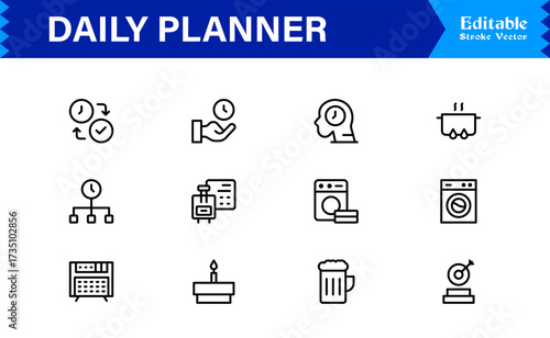Daily Planner and Productivity Line Icon Set Modern Minimal Outline Symbols for Schedule, Task, and Time Management