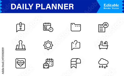 Daily Planner and Productivity Line Icon Set Modern Minimal Outline Symbols for Schedule, Task, and Time Management