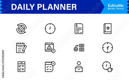Daily Planner and Productivity Line Icon Set Modern Minimal Outline Symbols for Schedule, Task, and Time Management