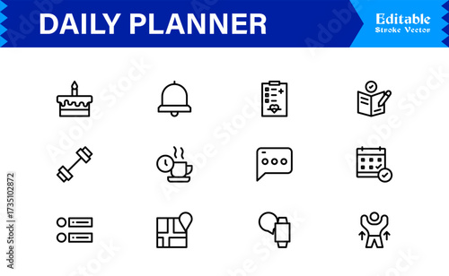 Daily Planner and Productivity Line Icon Set Modern Minimal Outline Symbols for Schedule, Task, and Time Management