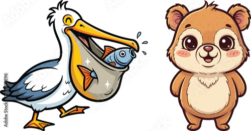 Cute cartoon pelican holding fish in beak and adorable smiling bear character, funny wild animal vector illustration, children design art