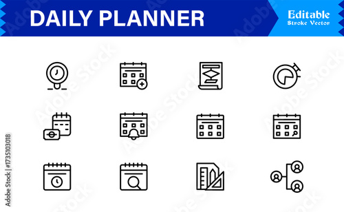 Daily Planner and Productivity Line Icon Set Modern Minimal Outline Symbols for Schedule, Task, and Time Management