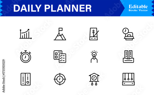Daily Planner and Productivity Line Icon Set Modern Minimal Outline Symbols for Schedule, Task, and Time Management