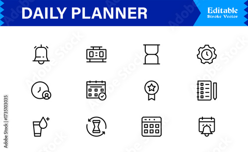 Daily Planner and Productivity Line Icon Set Modern Minimal Outline Symbols for Schedule, Task, and Time Management