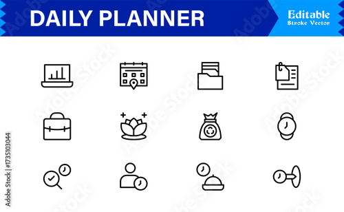 Daily Planner and Productivity Line Icon Set Modern Minimal Outline Symbols for Schedule, Task, and Time Management