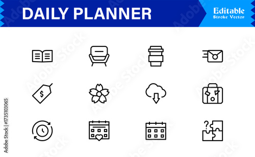 Daily Planner and Productivity Line Icon Set Modern Minimal Outline Symbols for Schedule, Task, and Time Management