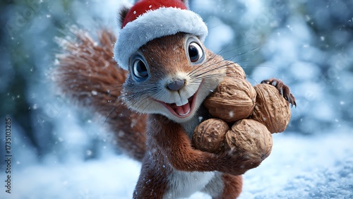 A festive squirrel in a Santa hat, holding a collection of walnuts, surrounded by a snowy landscape. Its playful expression and the wintry scene create a joyful and heartwarming image