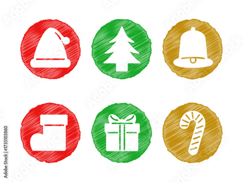 手描き風でかわいいクリスマスの帽子やツリーなど6種のカラフルアイコン素材セット