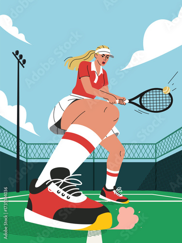 Female tennis player hitting forehand shot on outdoor court, dynamic perspective illustration.