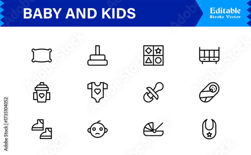 Baby And Kids Parenting Line Icon Set Modern, Minimal, Pixel Perfect, And Editable Outline Symbols For Family Themes