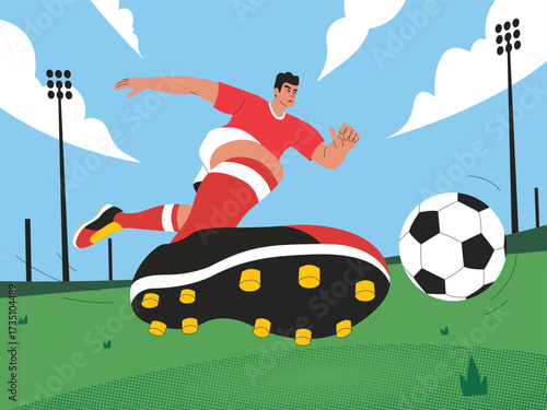 Dynamic action close-up view of soccer or football player hitting a ball in volley kick angle in outdoor stadium or pitch.