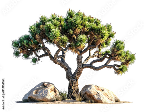 Joshua tree against a black backdrop, featuring intricate bark and tufted foliage