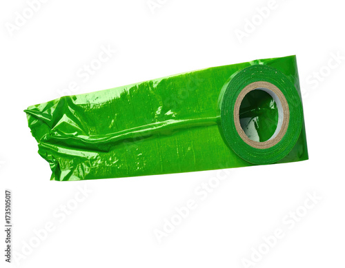 Green wrapping material with a roll of green tape, against a black background
