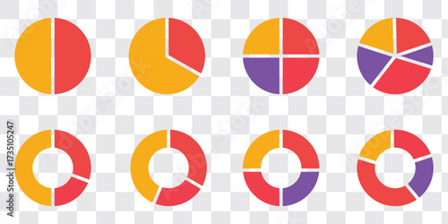 Circle division infographic icon set. Pie chart divided. Color pizza or donut round diagram. Infographic wheel segment and fraction. Vector illustration isolated on white background.