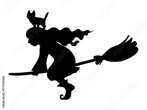 ほうきに乗った魔女と小さな黒猫のシルエット
