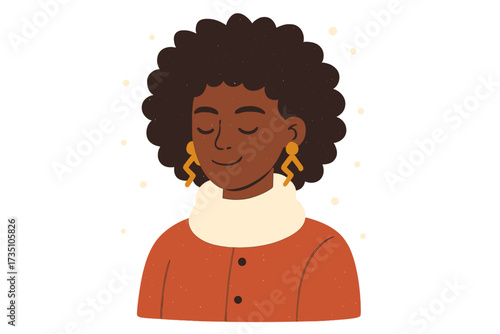 Winter portrait of a serene African American woman with afro hair and stylish earrings. Cozy seasonal vector illustration for concepts of beauty, diversity, and self-care.