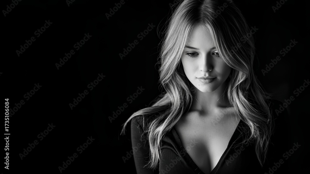 Naklejka premium Young woman with long wavy hair looking down in a contemplative pose, moody black and white portrait