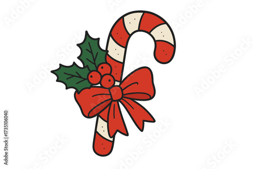 Christmas candy cane with red bow and holly berry. Vector flat hand drawn illustration for holiday design. Festive sweet striped candy for New Year celebration decoration.