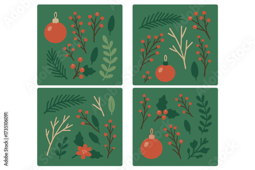 Christmas floral design element set. Hand drawn vector collection. Winter holiday decoration. Coniferous branch, fir, holly, leaves, red berries, and Christmas bauble.