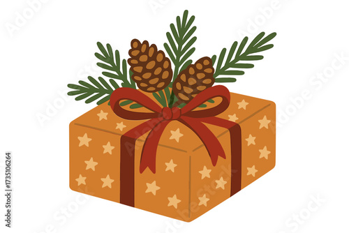 Christmas gift box illustration. Festive present in wrapping paper with stars, a red bow, pine cones, and fir branches. Isolated vector element for holiday design.