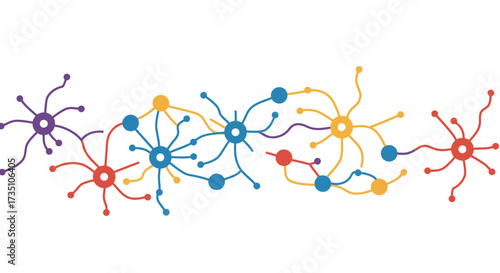 A chain of interconnected neuronlike structures each with colorful central nodes and radiating lines