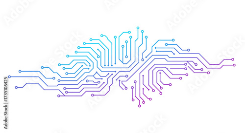 A circuit board design with blue and purple connections on a white background