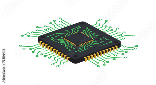 A computer chip with a square black body and gold pins and green traces