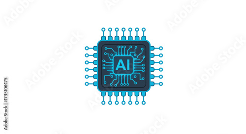 A dark grey chip with the letters AI in light blue It has light blue pins all around it