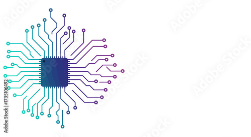A diagram of a computer chip featuring a network of lines emanating outwards