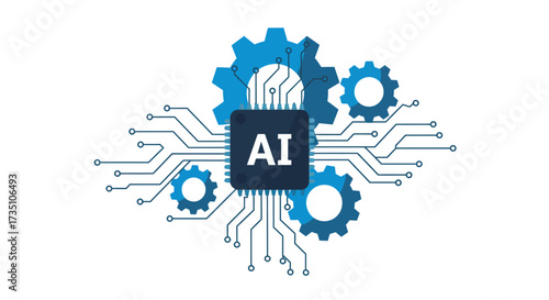 A diagram shows a circuit board gears and an AI chip representing artificial intelligence and technological complexity
