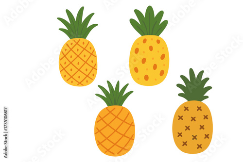 Pineapple collection vector set. Hand drawn ananas icons. Trendy flat illustration. Tropical summer fruit symbol for design. Fresh exotic food concept. Isolated on white.