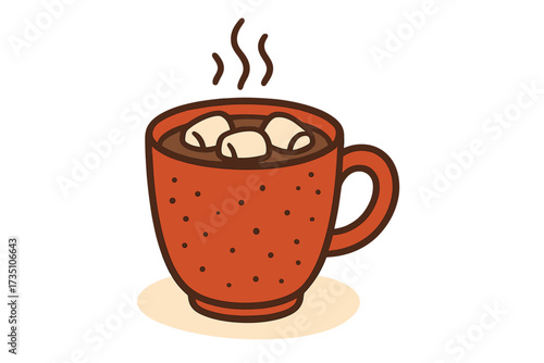 Hot chocolate or cocoa with marshmallows in a red mug. Steaming coffee cup. Cozy winter drink for comfort and break. Hand drawn flat vector illustration. Isolated cartoon icon.