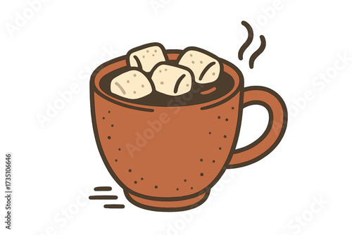 Cup of cocoa or coffee with marshmallows. Hot chocolate drink icon. Cozy coffee break comfort. Simple flat hand-drawn vector illustration. Isolated element for menu or hygge.