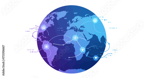 A globe map with icons indicating networking communication and global business