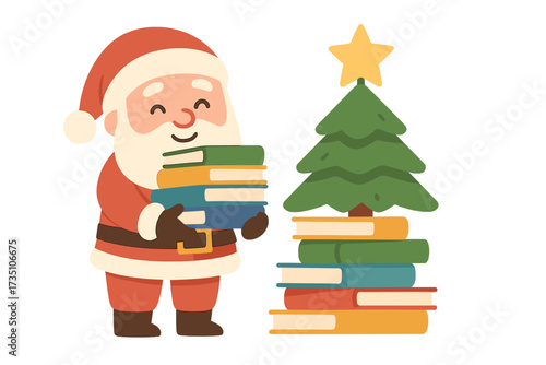 Santa Claus holding books. Christmas tree made of book stack. Education, learning, knowledge concept. Xmas holiday library. Bookstore reader gift. Cute cartoon vector character.