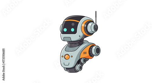 A grey and orange robot with glowing eyes a head antenna and wheeled locomotion
