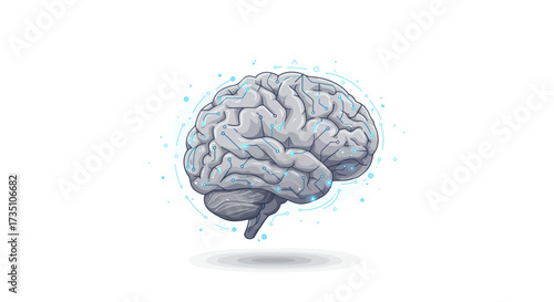 A gray brain illustration with blue circuits and dots on a white backdrop featuring a shadow