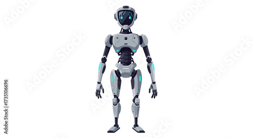 A grey and black humanoid robot stands upright featuring a screen face and glowing blue accents