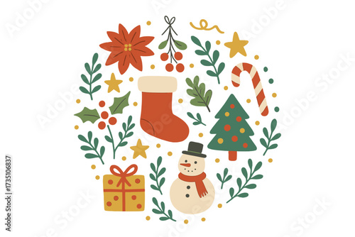 Christmas round composition with holiday elements. Vector collection of flat icons: snowman, tree, gift, stocking, poinsettia. Winter season decorative graphic for greeting card.