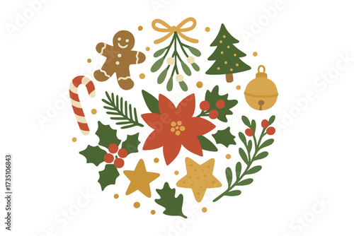 Christmas holiday elements arranged in a circle wreath. Hand drawn flat vector illustration set with gingerbread man, poinsettia, mistletoe, holly, candy cane, and tree.