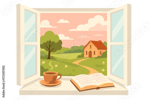 Open window with a spring landscape view. Cozy morning with coffee and a book on the windowsill. Country house, green meadow, pink sky. Concept of peace, relaxation, lifestyle.