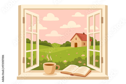 Open window with a spring landscape view. Cozy morning with coffee and book on windowsill. Rural country house in a green meadow. Concept of home comfort, relaxation.