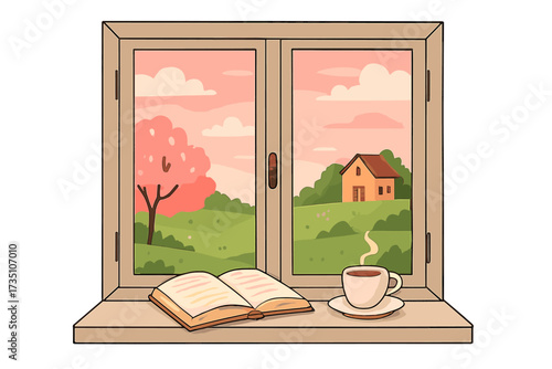 Cozy window with spring landscape view. Cup of coffee and open book on windowsill. Concept of home comfort, reading, relaxation, and hygge. Rural countryside scene vector.