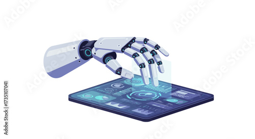 A robotic hand touches a device displaying data and graphic interfaces